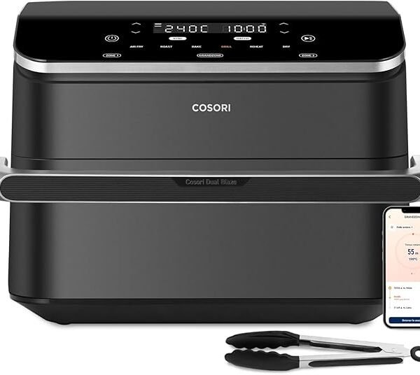 Fiestas Patrias del Perú---Cosori Freidora de Aire Dual Blaze TwinFry 10L, Air Fryer con 4 Resistencias de Doble Cesta a Una, 35-240ºC, Asar, Hornear y Deshidratar, 6 en 1, 70+ Recetas de Chefs y Pinzas, 8 Porciones, 2800W